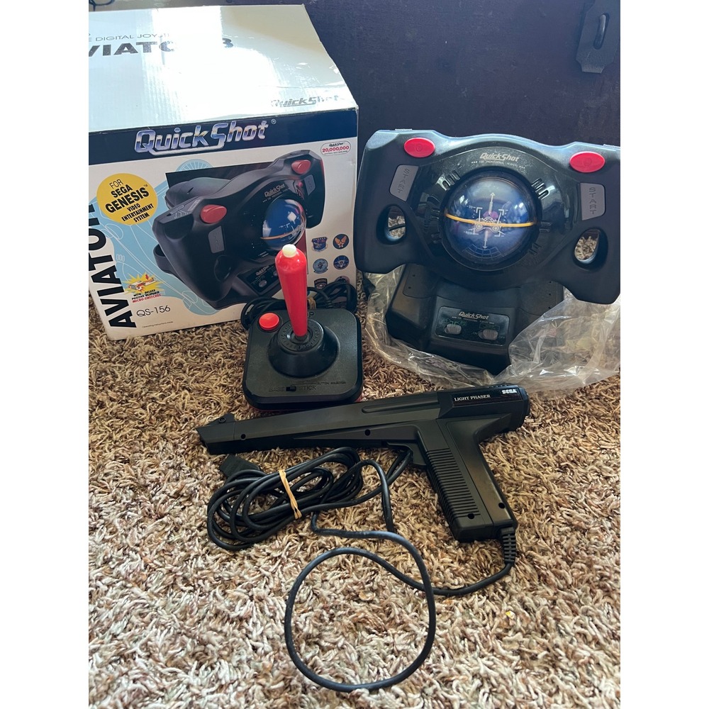 Sega Genesis Bundle QuickShot Aviator 3 Flight Yoke Wico Joystick Light Phaser